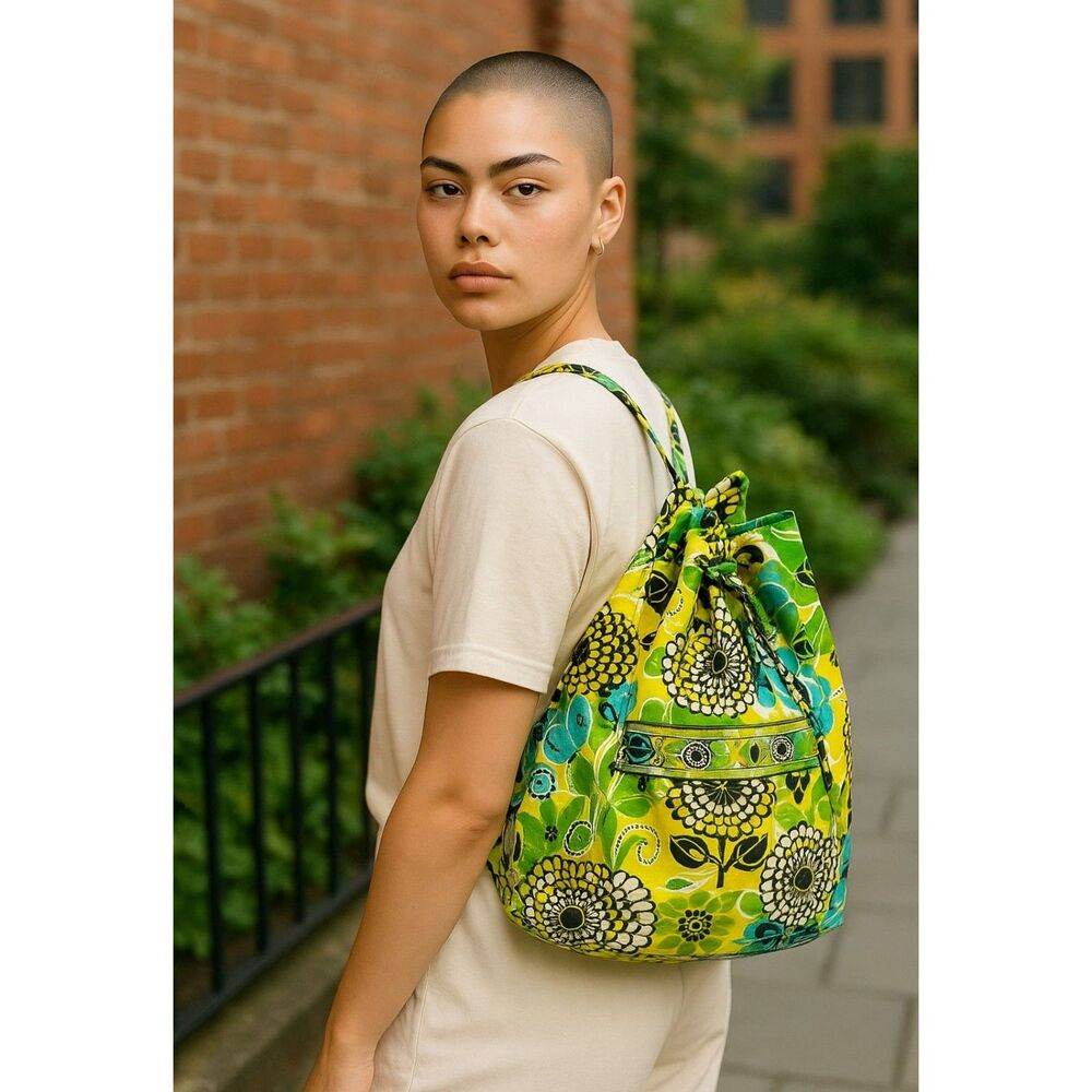 Vera Bradley Limes Lime Up Drawstring Backpack Tote Bag Travel School Retired